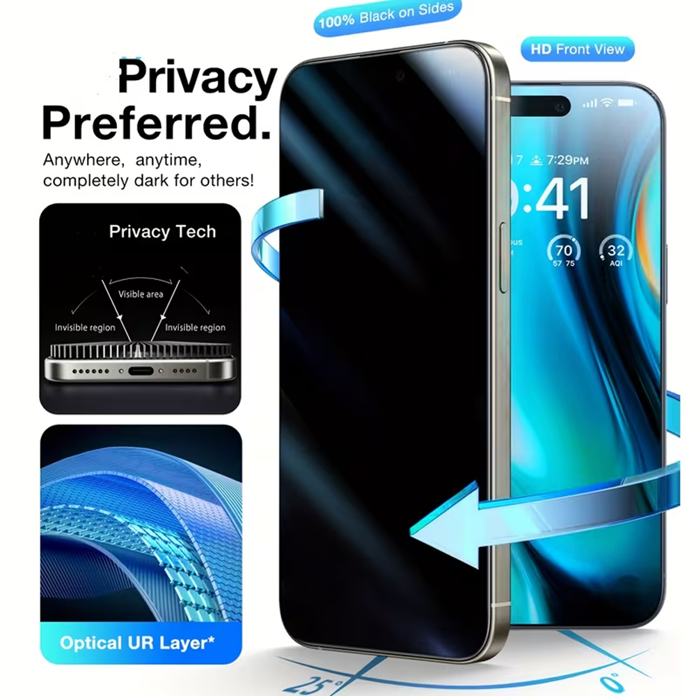 Anti Peek Privacy Tempered Glass - iPhone 18 Pro Max、17 Air、16、15、14、13、12、11、XS Max、XR、X、SE用の覗き見防止プライバシー強化ガラス（1-3枚入り）