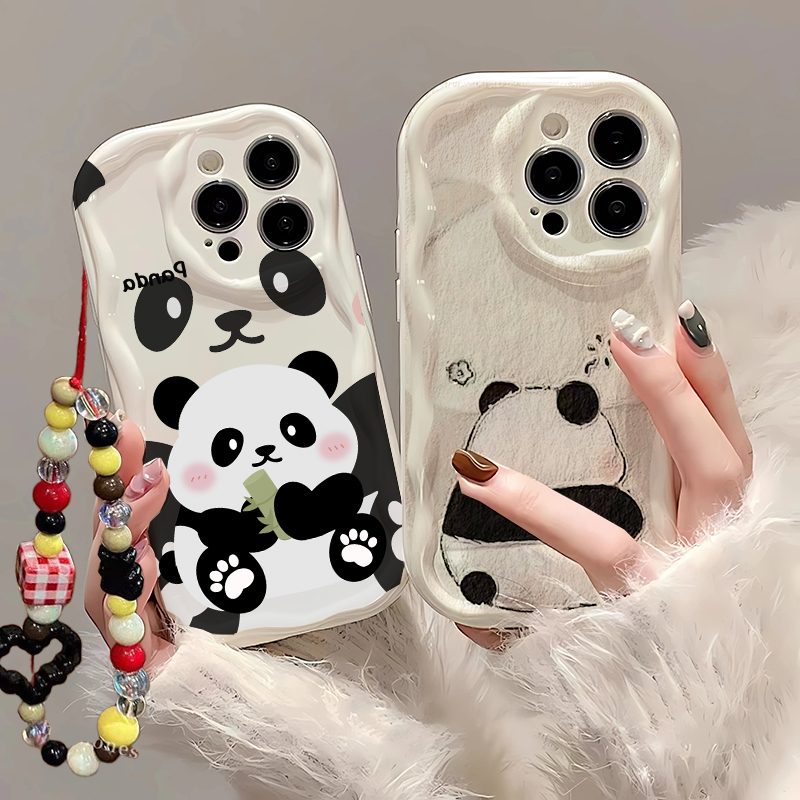 Cute Cartoon Wrist Strap Silicone Case - かわいいパンダのリストストラップケース、Samsung Galaxy A56 A16 A06 A17