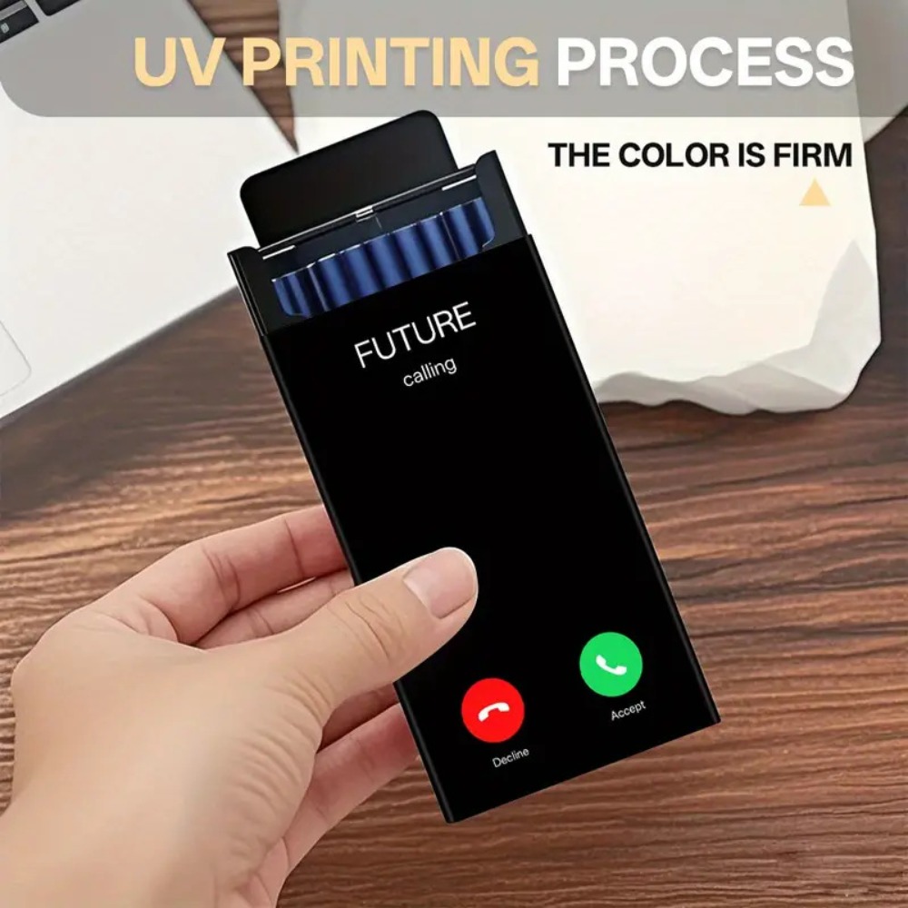 Phone Cases - スリムな金属製シガレットケース。スライド式の蓋で、20本のタバコを収納可能。クリエイティブなデザインで、スマートフォンのスタイリッシュなシガレットホルダーとしても使える。