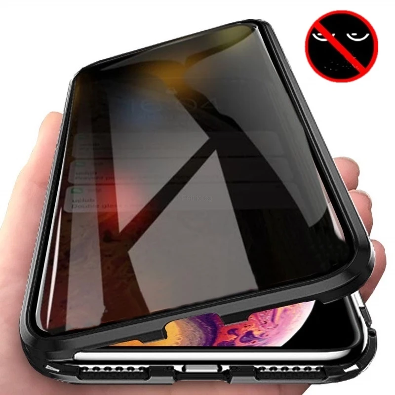 Anti Spy Privacy Glass Case - iPhone 17、16、15、14、13、12、XR、11 Pro MAX、X Plus対応、磁石内蔵強化ガラス製プライバシー保護メタルケース。360度磁石で固定、覗き見防止、保護カバー。