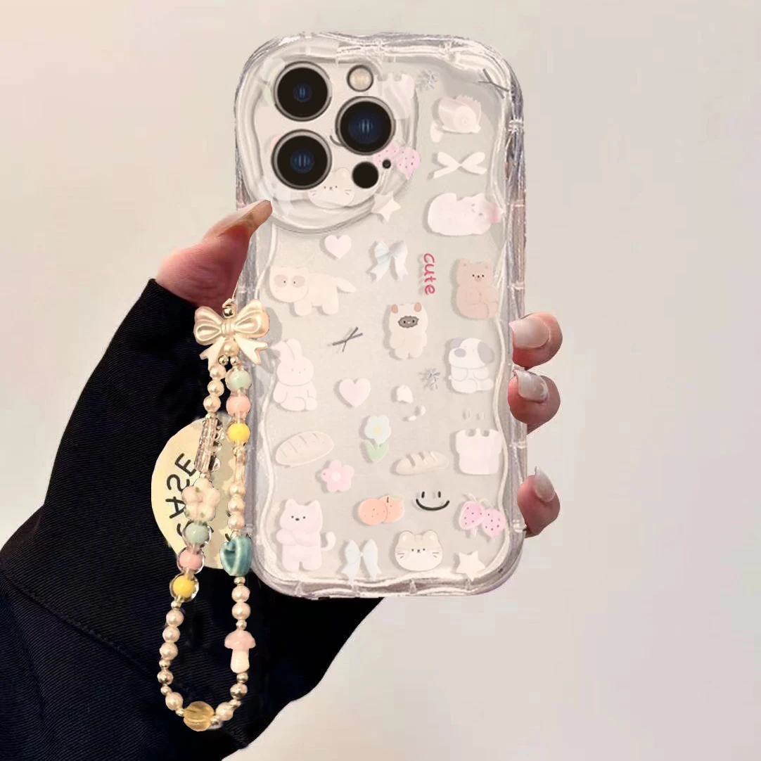 かわいい猫のリボン付きリストチェーンケース、Samsung  - Cute Cartoon Wrist Strap Silicone Case のレビューと価格